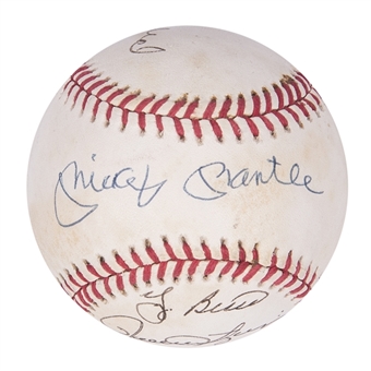 Hall of Famer Multi-Signed OAL Brown Baseball With 4 Signatures Including Mickey Mantle, Stan Musial, Yogi Berra, & Rollie Fingers (JSA)